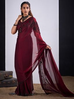 Sareemall - Satin Silk Maroon Embellished Designer Saree with Unstitched Blouse