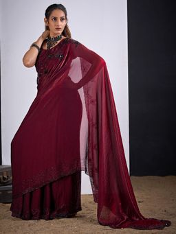 Sareemall - Satin Silk Maroon Embellished Designer Saree with Unstitched Blouse