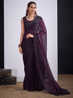 Sareemall - Satin Silk Wine Embellished Designer Saree with Unstitched Blouse