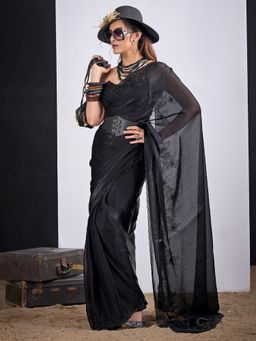 Sareemall - Satin Silk Black Embellished Designer Saree with Unstitched Blouse