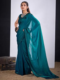 Sareemall - Satin Silk Teal Green Embellished Designer Saree with Unstitched Blouse