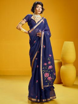 Sareemall - Cotton Silk Navy Blue Woven Design Designer Saree with Unstitched Blouse