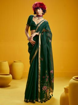Sareemall - Cotton Silk Dark Green Woven Design Designer Saree with Unstitched Blouse