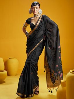 Sareemall - Cotton Silk Black Woven Design Designer Saree with Unstitched Blouse