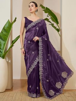 Sareemall - Tissue Wine Zari Embroidered Designer Saree with Unstitched Blouse