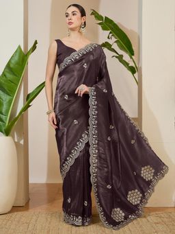 Sareemall - Tissue Coffee Brown Zari Embroidered Designer Saree with Unstitched Blouse