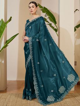 Sareemall - Tissue Teal Blue Zari Embroidered Designer Saree with Unstitched Blouse