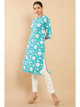 Soch - Teal Rayon Floral Print Straight Fit Kurta