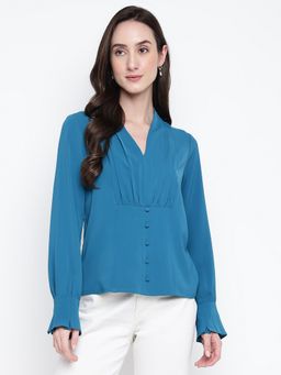 Latin Quarters - Blue Full Sleeve Solid Polyester Top