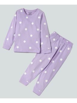 Be Awara - Full Sleeves Cotton T-shirt & Track Pants Polka Dots Print Purple (Set of 2)