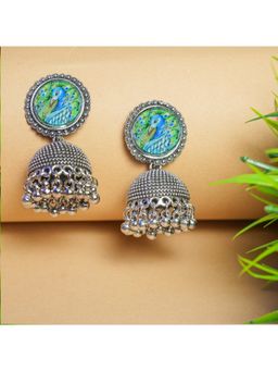 VIRAASI - Silver-Plated Peacock Design Oxidized Jhumki