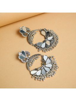 VIRAASI - Oxidized Silver Chandbali Earrings with Mirror Work