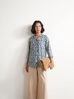 Pink Fort - Cotton Dabu Geometric Print Top- Grey