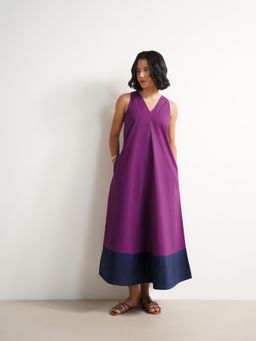 Pink Fort - Cotton Handwoven Colourblock Dress - Purple & Blue