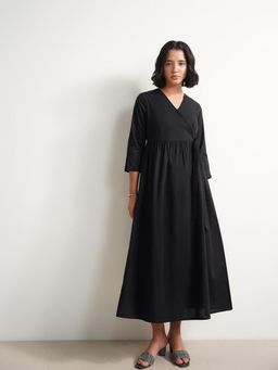 Pink Fort - Cotton Solid Wrap Dress - Black