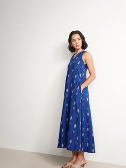Pink Fort - Blue Cotton Ikat Sleeveless A-Line Dress