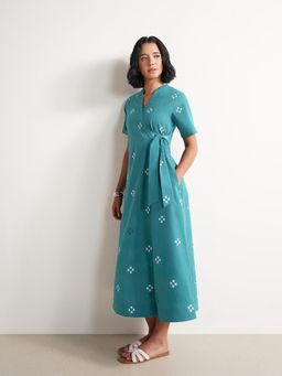Pink Fort - Cotton Geometric Wrap Half Sleeve Mandarin Neck Dress