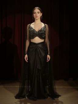 DIVYA SAMAL - Gold-Birdie Black Drape Skirt With Blouse And Dupatta