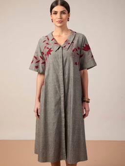 Mantra - Women Grey Pure Cotton Embroidered Dress