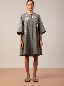 Mantra - Women Grey Pure Cotton Embroidered Dress