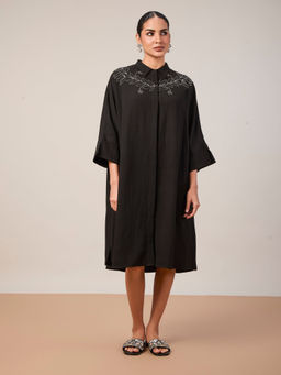 Mantra - Women Black Cotton Embroidered Dress