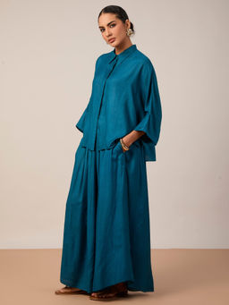 Mantra - Women Turquoise Silk Solid Skirt Set
