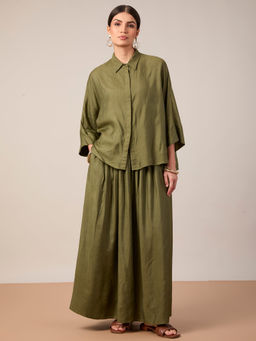 Mantra - Women Olive Silk Solid Skirt Set