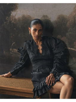 TRISARA - Charcoal Frill A Line Knee Length Dress