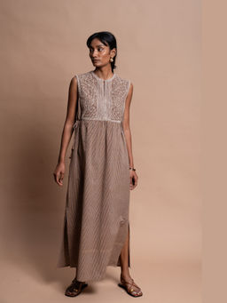 Mantra - Women Brown Cotton Embroidered Dress