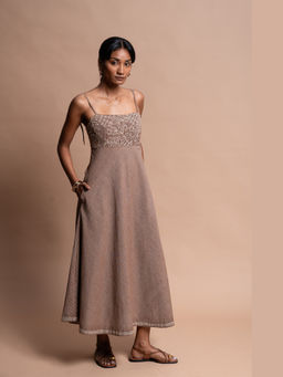 Mantra - Women Brown Pure Cotton Embroidered Dress
