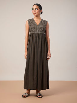 Mantra - Women Khaki Handloom Cotton Khadi Embroidered Dress