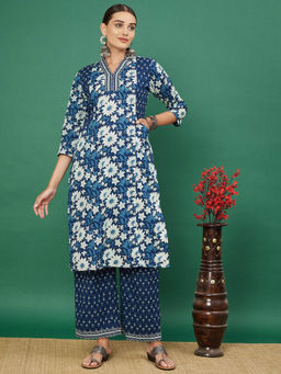 Vbuyz - Women's Floral Print Straight Cotton Blue Stitched Kurta with Palazzo (Set of 2)