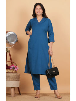 Vbuyz - Women's Solid Straight Cotton Blend Teal Stitched Kurta with Pant (Set of 2)