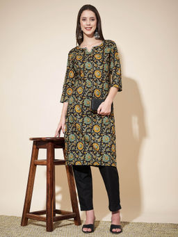 Vbuyz - Women's Floral Printed Straight Cotton Black Stitched Kurta with Pant (Set of 2)