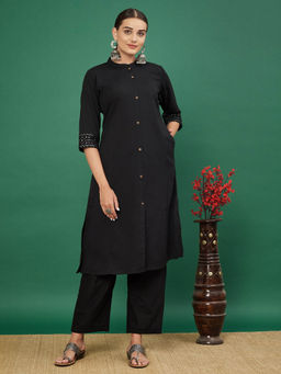 Vbuyz - Women's Mirror Work A-Line Cotton Flex Black Stitched Kurta with Pant (Set of 2)