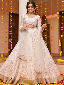 Lavanya The Label - White Jacquard Lehenga and Blouse with Dupatta