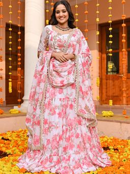 Lavanya The Label - White Printed Lehenga and Blouse with Dupatta