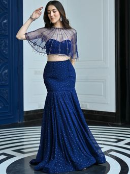Lavanya The Label - Jugnu Midnight Blue Blouse with Cape and Lehenga
