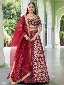 Lavanya The Label - Maroon Lehenga and Blouse with Dupatta