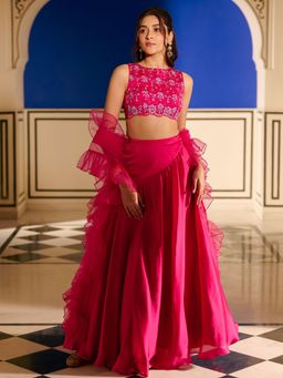 Lavanya The Label - Modern Crimson Pink Lehenga and Blouse with Dupatta