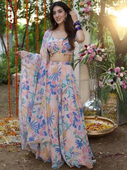 Lavanya The Label - Beige Printed Lehenga and Blouse with Dupatta