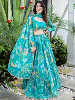 Lavanya The Label - Green Printed Georgette Lehenga and Blouse with Dupatta
