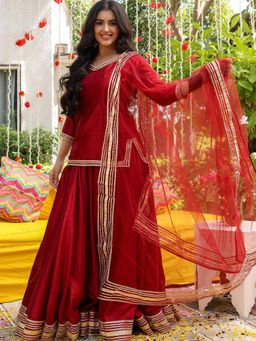 Lavanya The Label - Maroon Short Kurti Lehenga and Blouse with Dupatta
