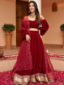 Lavanya The Label - Maroon Velvet Lace Lehenga and Blouse with Dupatta