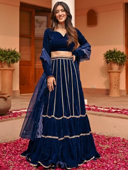 Lavanya The Label - Blue Velvet Lace Lehenga and Blouse with Dupatta