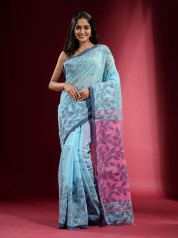 CHARUKRITI - Sky Blue with Geometric Buttas and Foliage Pattern Saree with Unstitched Blouse