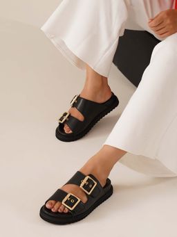 Peach Flores - Swan Leather Black Sandals