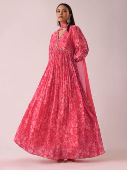 KALKI FASHION - Pink Floral Print Chiffon Anarkali Kurta with Pant (Set of 2)