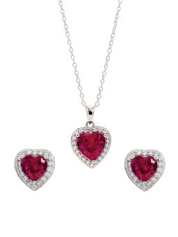 Ornate Jewels - 925 Silver Red Ruby Heart Shaped Halo Necklace With Earrings for Women and Girls (One Size)