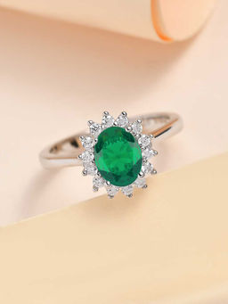 Ornate Jewels - 925 Sterling Silver Oval Green Emerald and American Diamond Ring for Women Girls